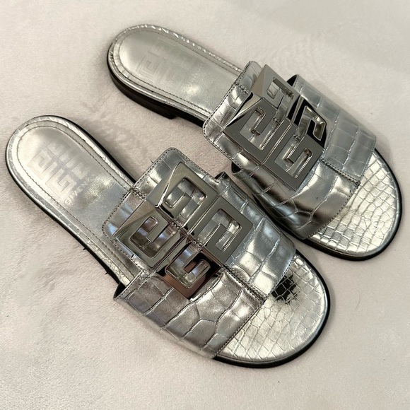 Givenchy Silver Croc 4G Logo Leather Flat Mules Slide Sandals EU 36/US 6 Italy - Picture 3 of 8